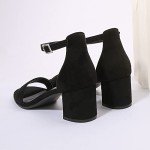 AMOJI Women's Black Low Heel Ankle Strap Sandals