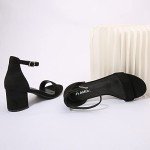 AMOJI Women's Black Low Heel Ankle Strap Sandals