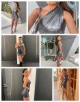MANJIAMEI Women's Shiny Dress, Metallic One Shoulder Ruched Bodycon Club Mini Dress, Metallic Wetlook Club Hip Skirt, Sexy Sleeveless Pu Leather Cocktail Dress, Slim Fit Mini Pencil Party Dress