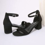 AMOJI Women's Black Low Heel Ankle Strap Sandals