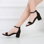 AMOJI Women's Black Low Heel Ankle Strap Sandals