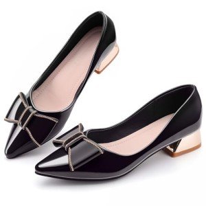 Women's Black Chunky Low Block Heels Pumps