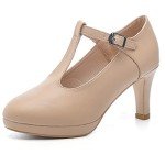 Beige T-Strap Chunky Heel Mary Jane Pumps - Size 8.5