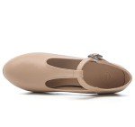 Beige T-Strap Chunky Heel Mary Jane Pumps - Size 8.5