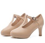 Beige T-Strap Chunky Heel Mary Jane Pumps - Size 8.5
