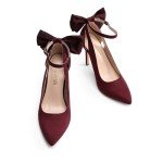 Burgundy Strappy Stiletto Heels with Bow Detail