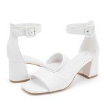 Greatonu Women's White Open Toe Block Heel Sandals