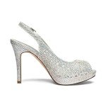Silver Glitter Peep Toe High Heel Pumps, Size 7
