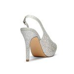 Silver Glitter Peep Toe High Heel Pumps, Size 7