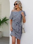 Navy Striped Tie Waist Midi T-Shirt Dress
