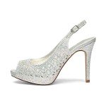 Silver Glitter Peep Toe High Heel Pumps, Size 7