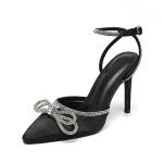 Glamorous Rhinestone Bow High Heel Sandals - Black