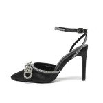 Glamorous Rhinestone Bow High Heel Sandals - Black