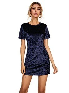 R.Vivimos Women's Summer Short Sleeve Crushed Velvet Mini Short Dresses, Navyblue, Medium