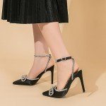 Glamorous Rhinestone Bow High Heel Sandals - Black