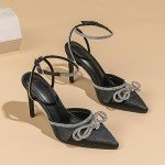 Glamorous Rhinestone Bow High Heel Sandals - Black
