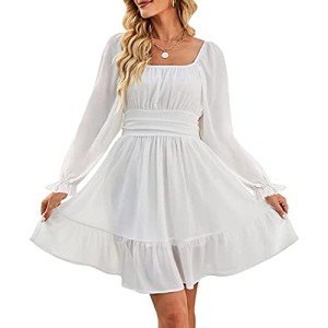 ZAFUL Women's Square Neck Long Lantern Sleeve Tie Back Ruffle Dress Elastic Waist Casual Off Shoulder A-Line Mini Dress, White, Small