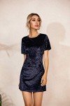 R.Vivimos Women's Summer Short Sleeve Crushed Velvet Mini Short Dresses, Navyblue, Medium