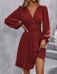 Wine Red Long Sleeve High-Waist Casual Dress