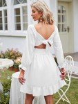ZAFUL Women's Square Neck Long Lantern Sleeve Tie Back Ruffle Dress Elastic Waist Casual Off Shoulder A-Line Mini Dress, White, Small