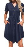 MISFAY Women Summer Dress Casual V Neck Short Sleeve Drawstring Mini Dresses with Pockets,Navy Blue,L