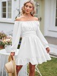 ZAFUL Women's Square Neck Long Lantern Sleeve Tie Back Ruffle Dress Elastic Waist Casual Off Shoulder A-Line Mini Dress, White, Small