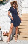 MISFAY Women Summer Dress Casual V Neck Short Sleeve Drawstring Mini Dresses with Pockets,Navy Blue,L