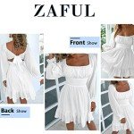 ZAFUL Women's Square Neck Long Lantern Sleeve Tie Back Ruffle Dress Elastic Waist Casual Off Shoulder A-Line Mini Dress, White, Small