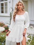 ZAFUL Women's Square Neck Long Lantern Sleeve Tie Back Ruffle Dress Elastic Waist Casual Off Shoulder A-Line Mini Dress, White, Small