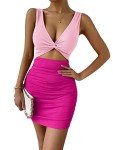 Verdusa Women's Colorblock Twist Cut Out Plunging Neck Sleeveless Bodycon Mini Dress, Hot Pink, Large