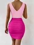 Verdusa Women's Colorblock Twist Cut Out Plunging Neck Sleeveless Bodycon Mini Dress, Hot Pink, Large