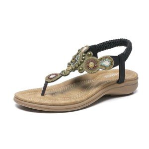 AMOJI Women's Boho Summer Flat Sandals - Black