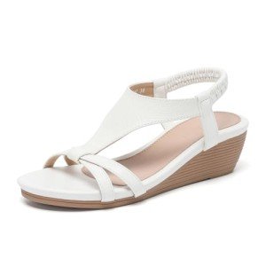 AMOJI Women's White T-Strap Wedge Sandals Size 7.5