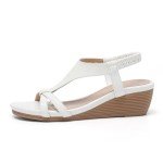AMOJI Women's White T-Strap Wedge Sandals Size 7.5