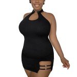 Littleforbig Women Cotton Overall Vampy Collared Bodycon Mini Dress Skirt XL Black