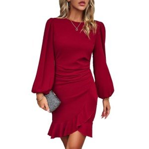 YNIQUE Women's Cocktail Dress Ruffle Hem Formal Dress Lantern Sleeve Work Casual Club Party Slim Short Mini Dress Wine