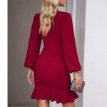 YNIQUE Women's Cocktail Dress Ruffle Hem Formal Dress Lantern Sleeve Work Casual Club Party Slim Short Mini Dress Wine