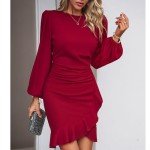 YNIQUE Women's Cocktail Dress Ruffle Hem Formal Dress Lantern Sleeve Work Casual Club Party Slim Short Mini Dress Wine