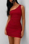 PRETTYGARDEN Women's 2023 Summer Ruched Mini Dress Sexy One Shoulder Sleeveless Party Cocktail Bodycon Short Dresses (Red,Large)