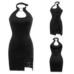Littleforbig Women Cotton Overall Vampy Collared Bodycon Mini Dress Skirt XL Black