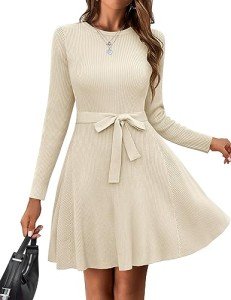 Hotouch Women Long Sleeve Round Neck Knit Mini Dress Fall Casual Dress Swing A Line Tie Waist Sweater Dress Apricot XL