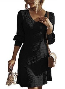 Dokotoo Womens Sweater Midi Dresses Elegant Trendy Casual Loose Long Sleeve Dresses V Neck Knit Ribbed A Line Fall Pullover Sweater Mini Black Dress 2024 Fashion Clothes Medium