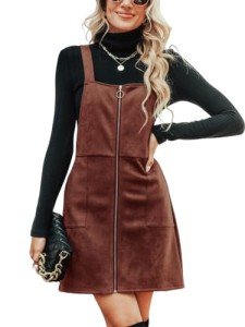 CUPSHE Faux Suede Mini Fall Dresses for Women Square Neck Pull Ring Zipper Front Pockets Wide Straps Casual Autumn Dress, Brown, Large