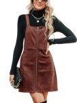 CUPSHE Faux Suede Mini Fall Dresses for Women Square Neck Pull Ring Zipper Front Pockets Wide Straps Casual Autumn Dress, Brown, Large