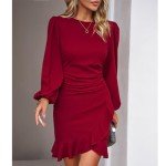 YNIQUE Women's Cocktail Dress Ruffle Hem Formal Dress Lantern Sleeve Work Casual Club Party Slim Short Mini Dress Wine