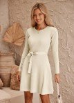 Hotouch Women Long Sleeve Round Neck Knit Mini Dress Fall Casual Dress Swing A Line Tie Waist Sweater Dress Apricot XL