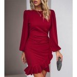 YNIQUE Women's Cocktail Dress Ruffle Hem Formal Dress Lantern Sleeve Work Casual Club Party Slim Short Mini Dress Wine