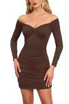 Vozobi Women's Sexy Mini Dress Cutout Deep V Neck Off Shoulder Long Sleeves Ruched Bodycon Party Club Cocktail Short Dresses Coffee
