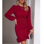 YNIQUE Women's Cocktail Dress Ruffle Hem Formal Dress Lantern Sleeve Work Casual Club Party Slim Short Mini Dress Wine