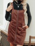 CUPSHE Faux Suede Mini Fall Dresses for Women Square Neck Pull Ring Zipper Front Pockets Wide Straps Casual Autumn Dress, Brown, Large